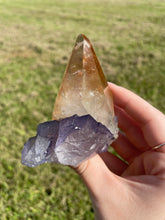 Load image into Gallery viewer, Elmwood Calcite on Purple Fluorite
