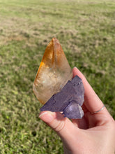 Load image into Gallery viewer, Elmwood Calcite on Purple Fluorite
