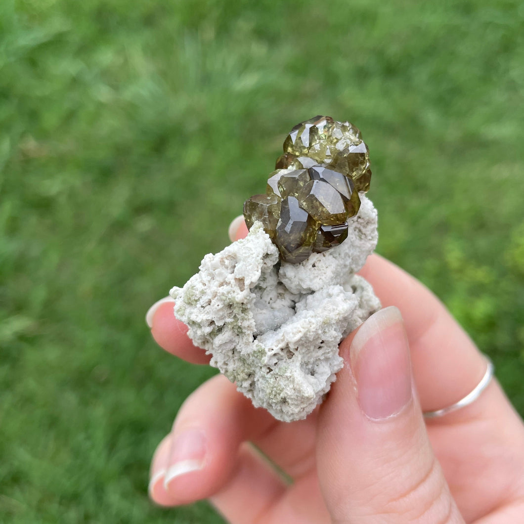 Olive Demantoid Garnet Cluster on Matrix