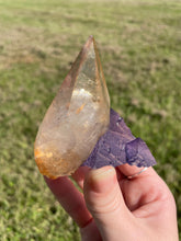 Load image into Gallery viewer, Elmwood Calcite on Purple Fluorite
