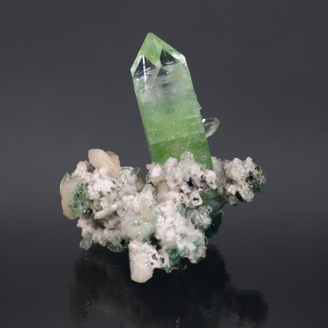 Fluorapophyllite with Stilbite on Druzy Quartz